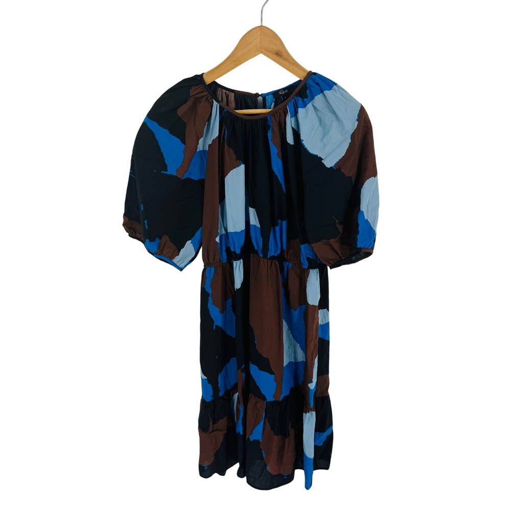 Rails Khloe Blue Black Brown‎ Mini Dress Puff Sleeve Size L Vacation